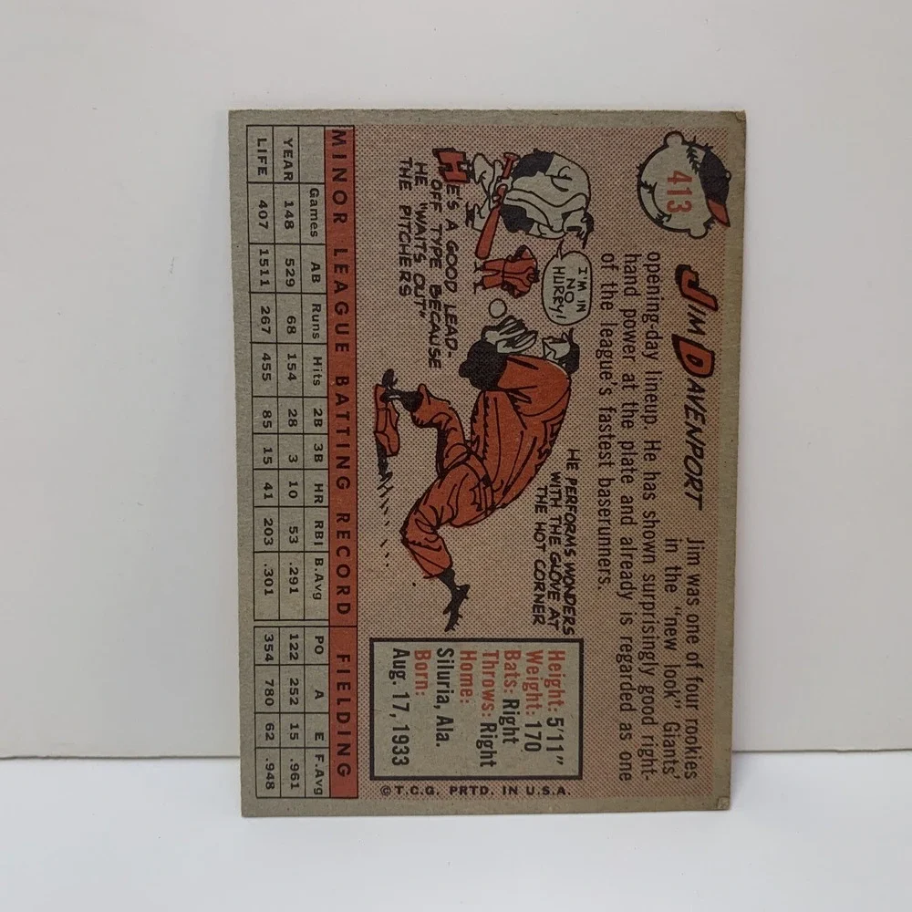 JIM DAVENPORT ROOKIE CARD, San Francisco Giants, #413, 1958 Topps Baseball